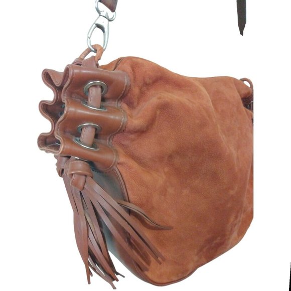 John Cole Womens Brown Suede Full Grain Leather Hobo Western Saddle Bag Purse - Picture 5 of 12